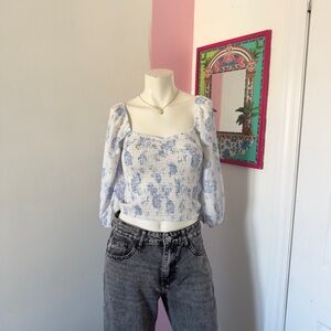 Pie In The Sky Blue And White Floral Smocked Square-Neck Puff Sleeve Top